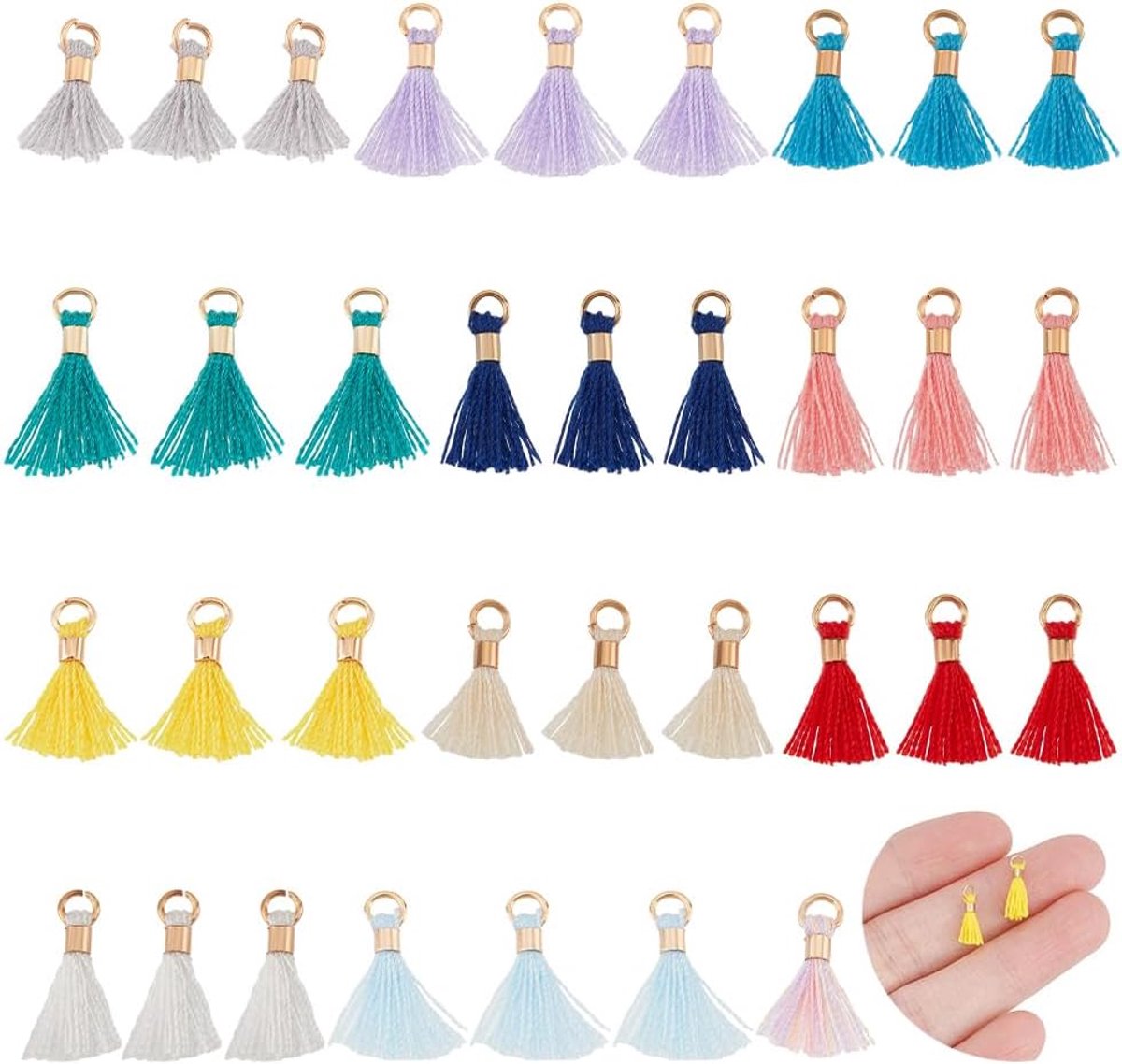 1 doos 65 stuks/doos katoenen kwastje hanger, kwastje hanger charmes met doppen voor tassen, sleutelhangers, riembandjes, decoratie, DIY accessoires, gemengde kleuren, ongeveer 10-16mm lang