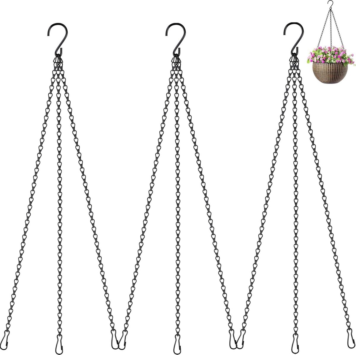 3 stuks metalen kettingen om op te hangen, hangende ketting met clips, S-vormige haak, robuuste drievoudige ophanging voor planten, lantaarns en decoraties