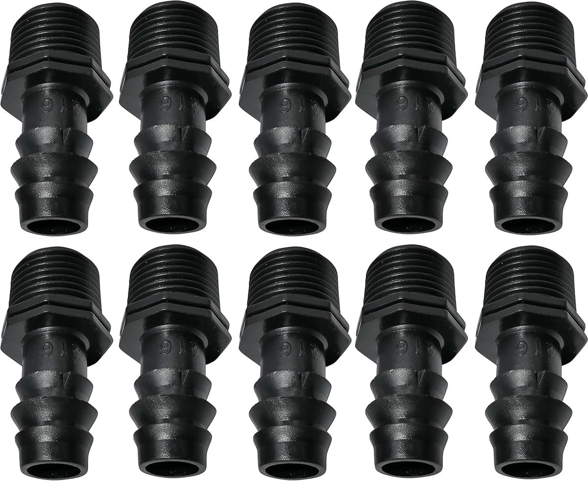 - C48705 - Set van 10 mannelijke adapters/fittingen met weerhaken Ø16mmx1/2'' voor druppelbuis buitendraad (voor Ø16mm buis) - connector voor irrigatie-/bewateringssysteem