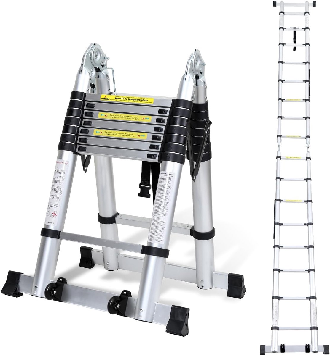 Telescopische vouwladder, 5 m, 2,5 m + 2,5 m, aluminium ladder, uittrekbare multifunctionele ladder, 150 kg belastbaarheid, voor binnen en buiten, zilver, bevat ijzeren delen + wielen