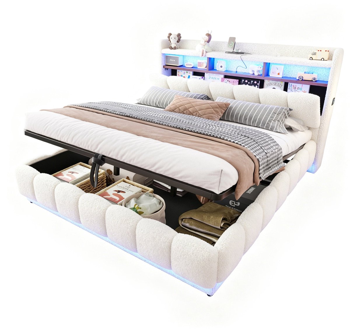 Merax Gestoffeerd Bed 180 x 200 cm - Bed met Opbergruimte - LED Verlichting - USB Aansluiting - Metalen Lattenbodem - Wit