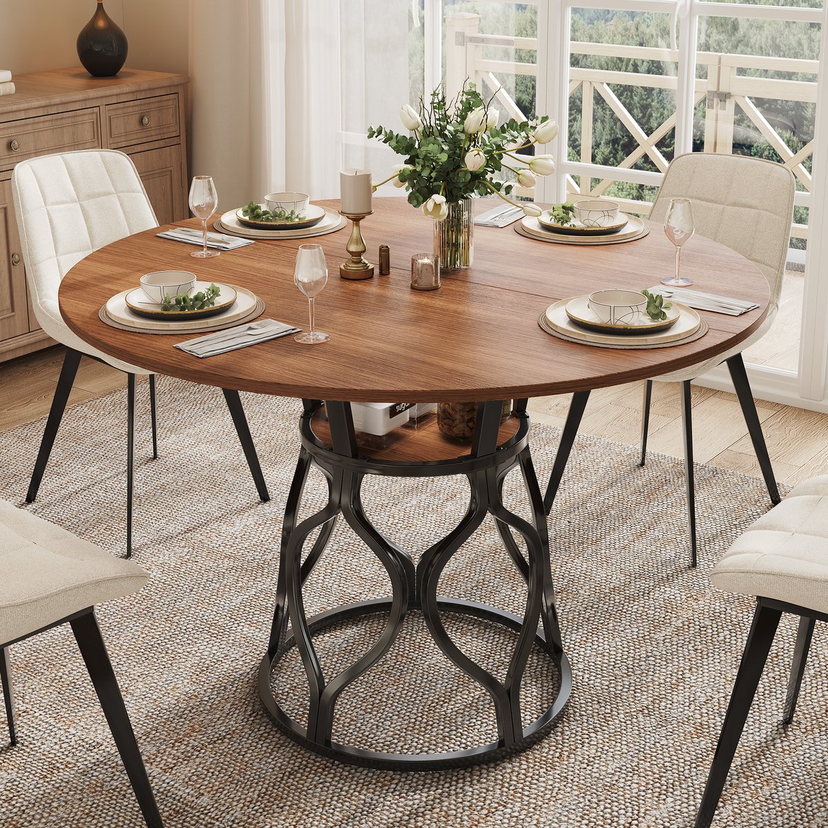 Pugsdrly Ronde eettafel 100x100x75 cm, keukentafel voor 4-6 personen met geïntegreerd opbergvlak, MDF-tafelblad in walnootlook, modern metalen onderstel, ruimtebesparende eettafel.