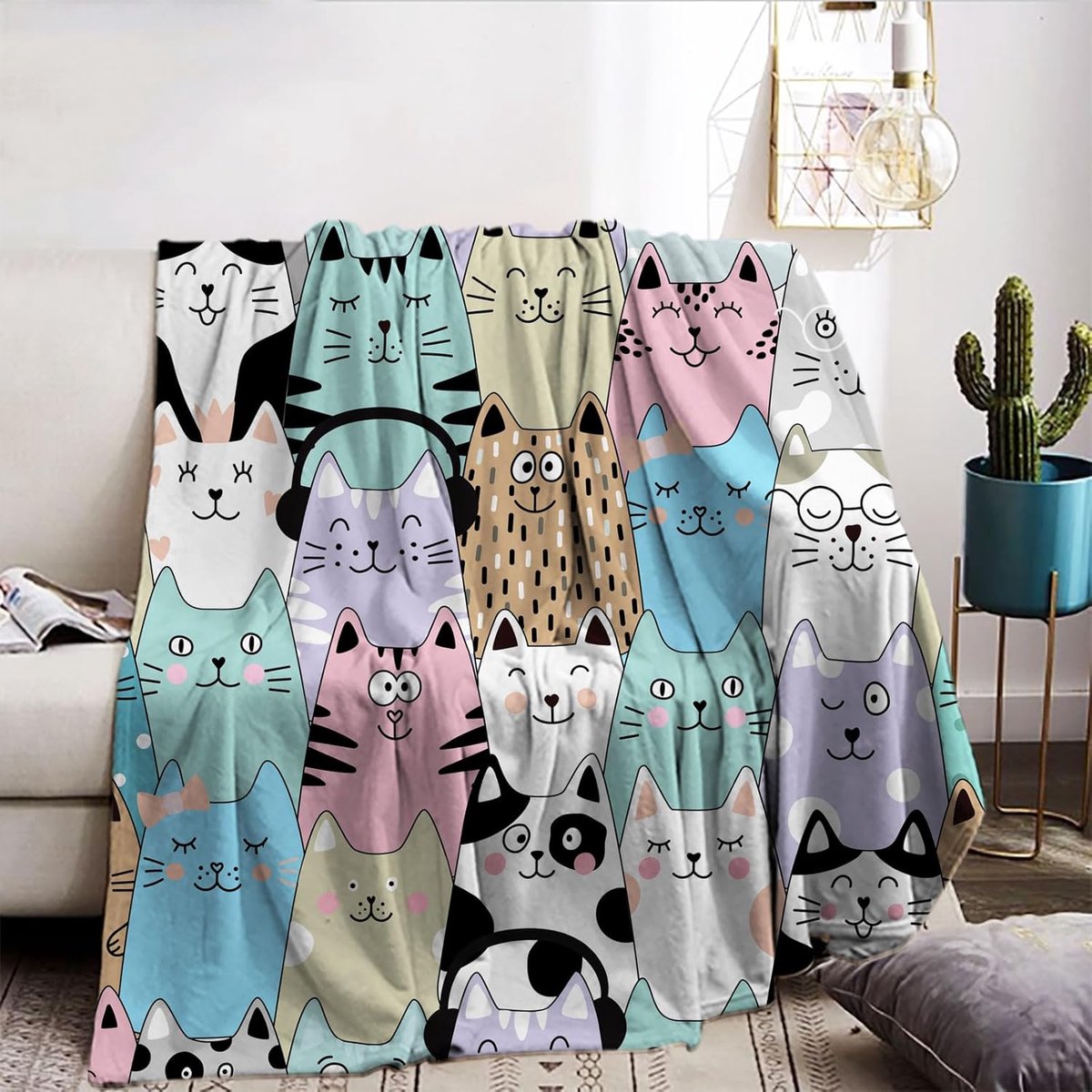 kattenmotief 150 x 200 cm, cartoon kitten knuffeldeken fleece deken met 3D-dierenprint, zachte warme fleecedeken als bank, sprei, woonkamerdeken (A, 150 x 200 cm)