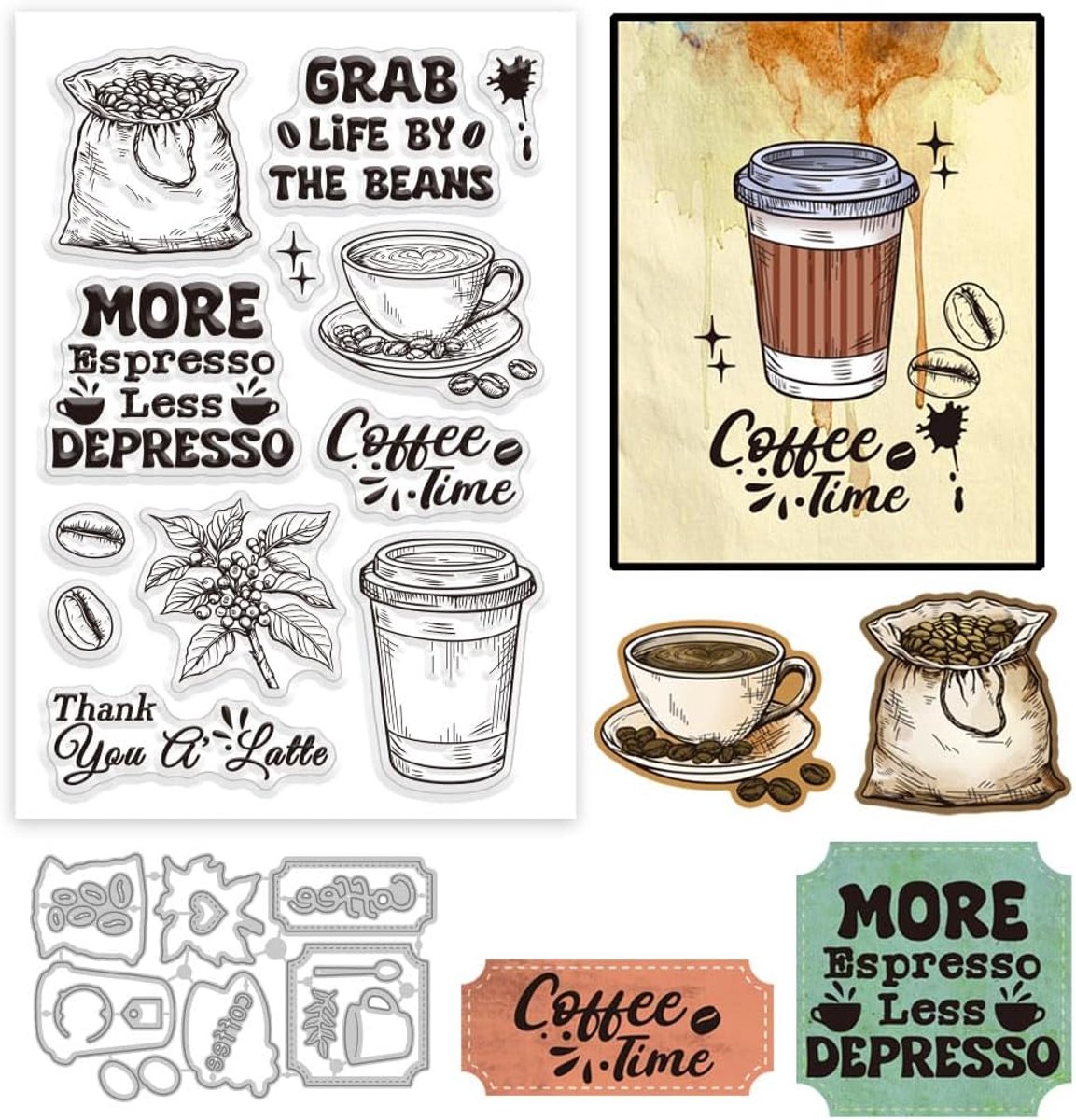 Koffietags Frame Clear Stempel en Snijmallen Set voor Kaarten Maken Label Koffie Bonen Koffie Cup Siliconen Clear Stempel Metalen Woorden Koffie Tijd Die Cuts voor DIY Scrapbooking
