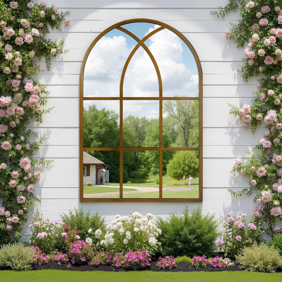 Wandspiegels voor Decor Tuin Buiten, Distressed Gotische Boogspiegel met Aluminium Frame voor Hal, Woonkamer, Slaapkamer, Entree, Brons