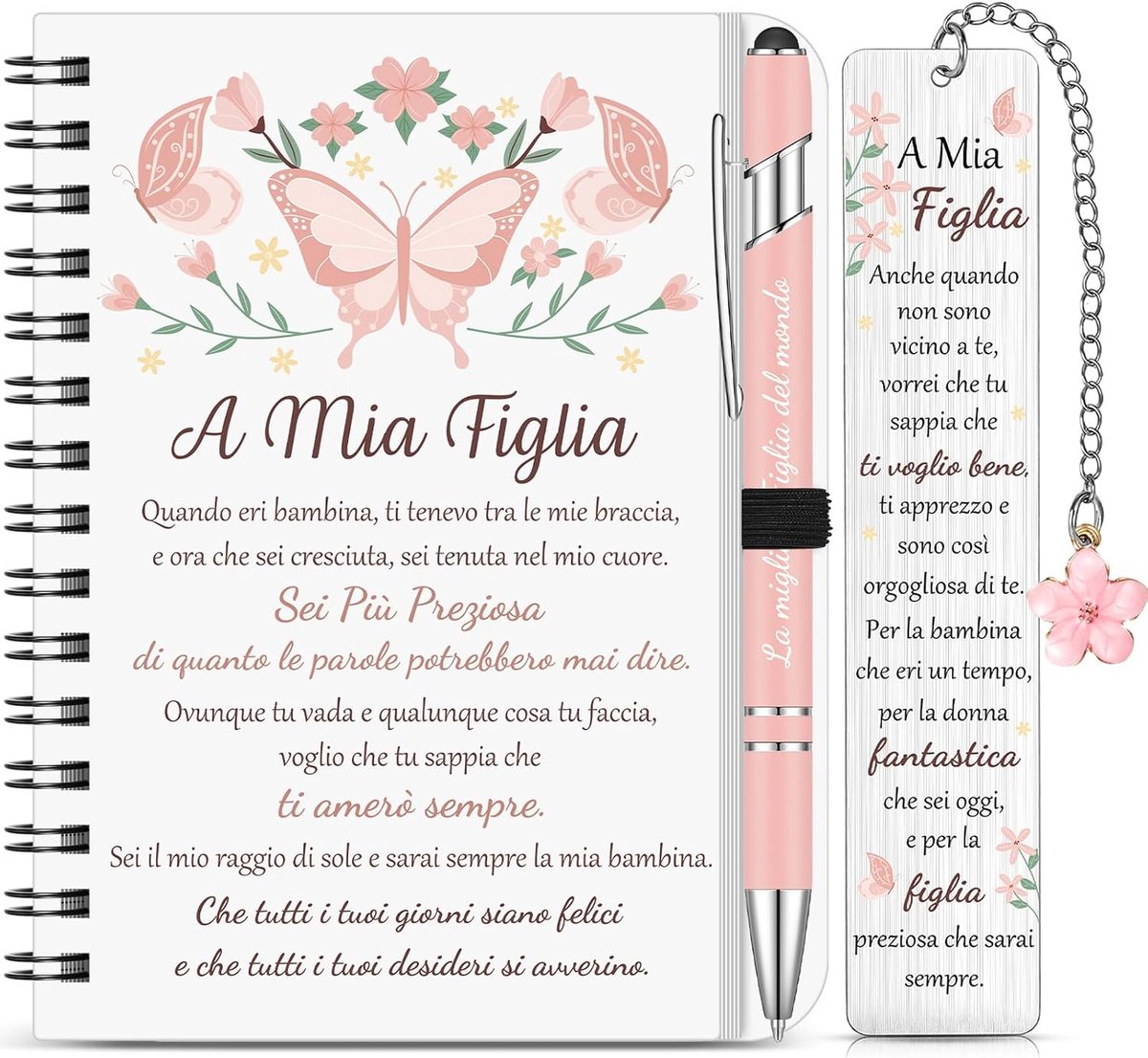 3 stuks cadeau voor dochter, spiraalblok, boekenlegger, metalen pen, cadeau van mama en papa, voor dochter, verjaardag, Kerstmis, afstuderen, eerste schooldag