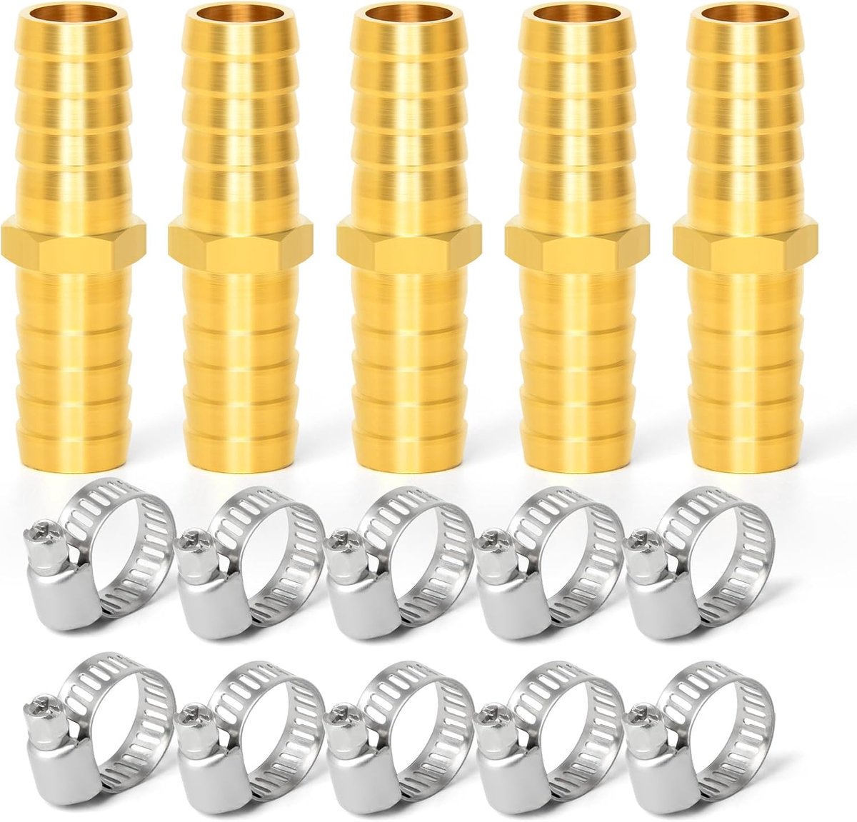 5 Stuks messing slangpilaar reduceer, 6mm Inch naar 6mm Inch Barb slang ID met 10 slangklemmen, messing slangpilaar reduceer SPLICER fitting brandstof/lucht/water/olie/gas/aardgas