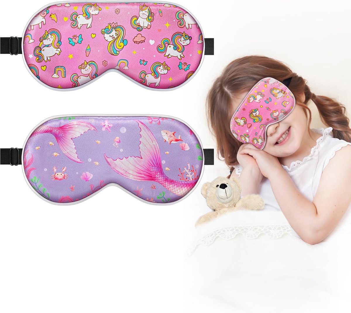 100% echt moeder-van-parelzijde 2-pack Slaapmasker voor kinderen | natuurlijke zuivere zijde slaapmaskers, slapende oogmaskers, grappige oogschaduwbescherming, 100% verduistering oogbind