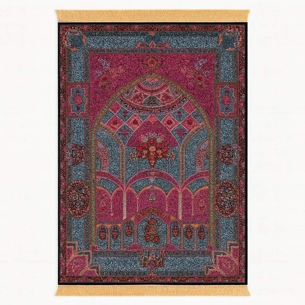 Islamitisch Gebedskleed Met Oosters Ontwerp En Bloemenrand (Paars en blauw, NL- 70x110 cm)