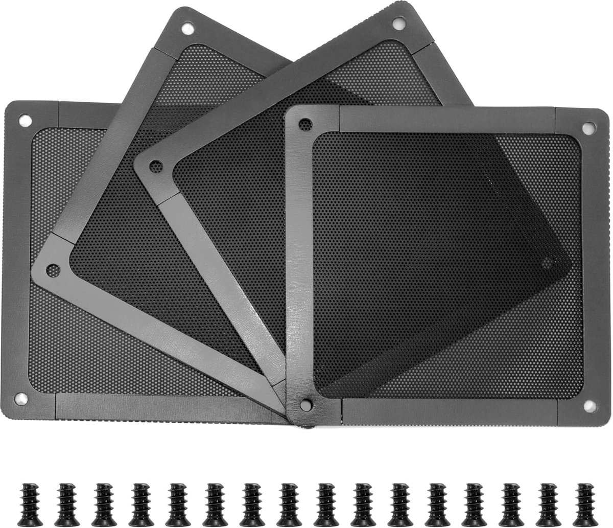 Ventilatorfilters van pvc, 120 mm, filter voor ventilatierooster, PC, stofdichte mesh-behuizing met magnetisch frame, voor computer, voedingen, modems (4 stuks, zwart)
