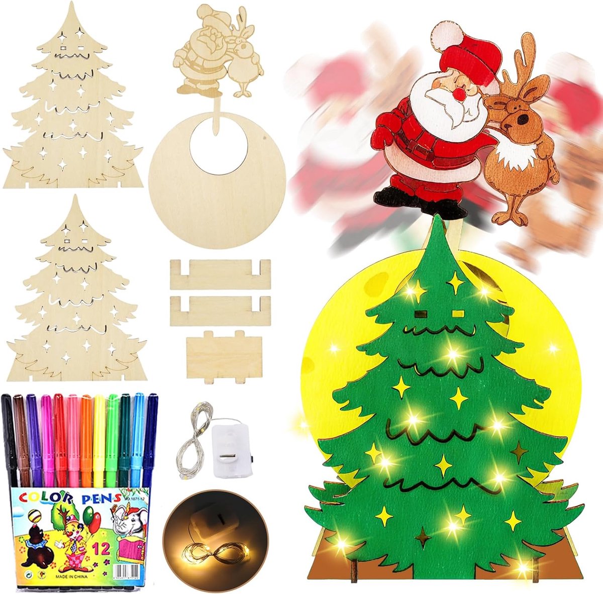 Hout, led-houten standaard voor Kerstmis, decoratie, houten kerstboom, rendier, kerstman, vector, swingende kerstdecoratie voor binnen, tafel, vensterbank