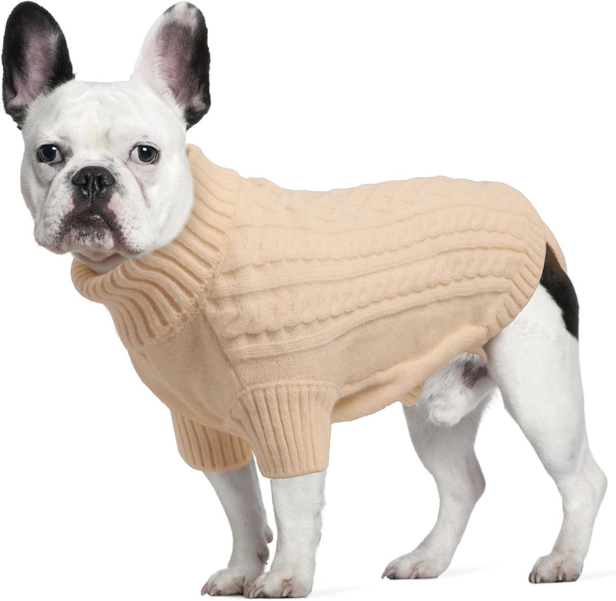 Truien voor Middelgrote Honden, Rolkraag Gebreide Hondentrui met Riemgat, Warme Wintertrui Koud Weer Kleding voor Teckel, Franse Buldog, Beige, L