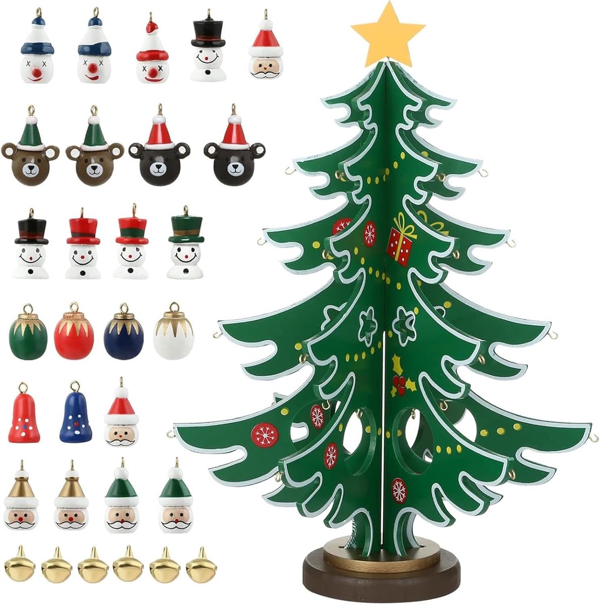Bomen van hout, mini-kerstboom van hout met 30 hangers, kerstboom, voor kerstdecoratie, tafel, etalage, cadeau voor kinderen