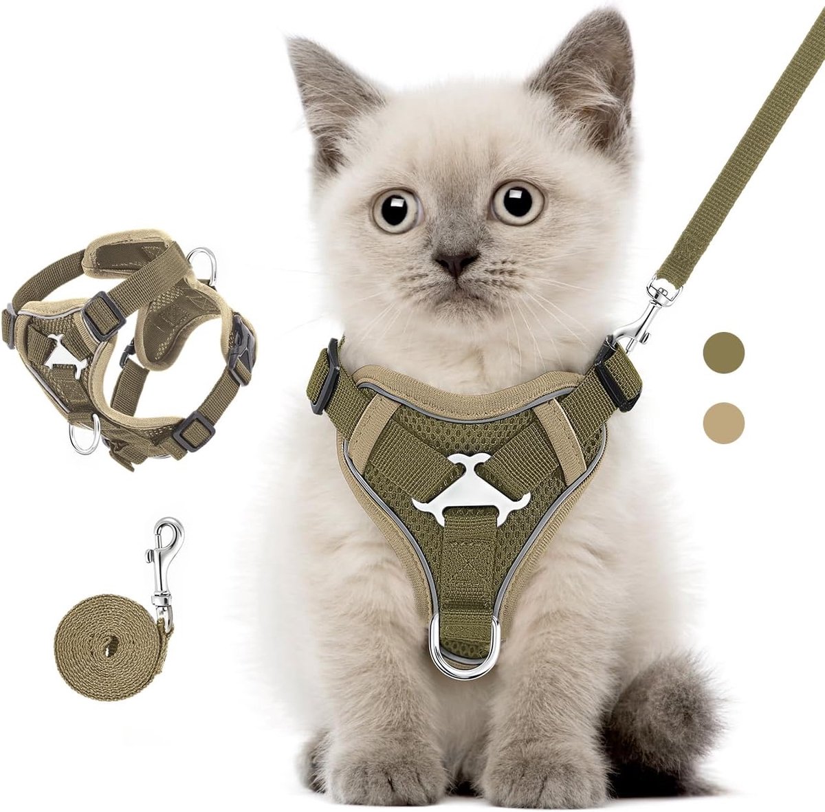 Cat Harness and Leash Set for Walking, Adjustable Kitten Vest Harness with Reflective Strip Breathable Mesh, Escape Proof Soft Pet Safety Vest for Cats, Kittens, Puppies, S, Khaki