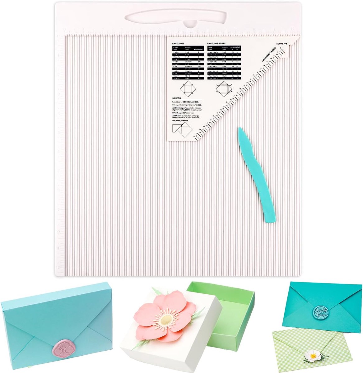 Scorebord voor enveloppen, geschenkdozen en papierambachten - 12 x 12 multifunctioneel scorebord met botmap en driehoekige gids - envelopmaker papier vouwgereedschap voor het maken van kaarten