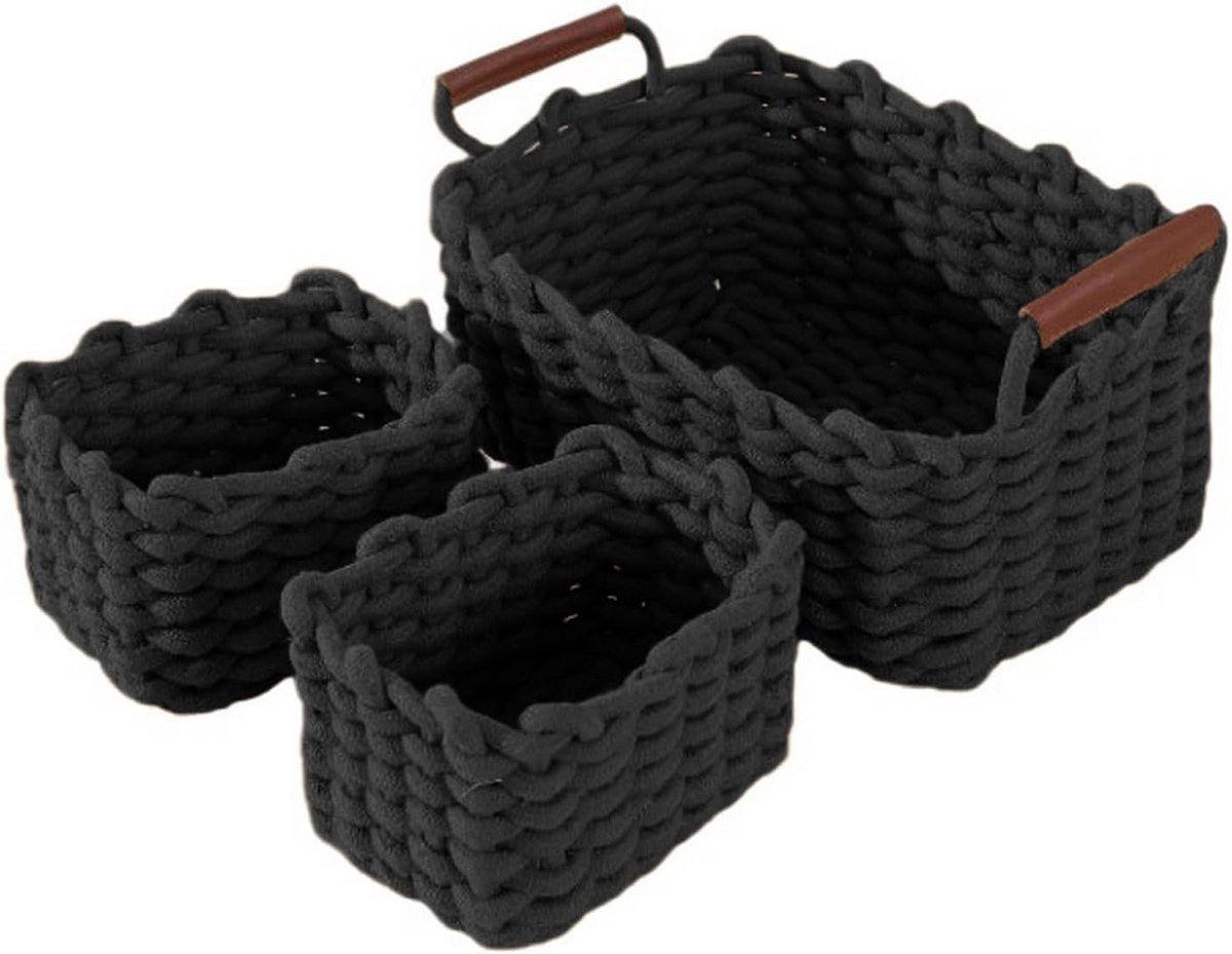 Opbergmand, katoen, gebreide mand, decoratieve natuurlijke rechthoekige waterdichte opbergdozen, organizer voor babykamer, slaapkamer, woonkamer, zwart, verpakking van 3 stuks