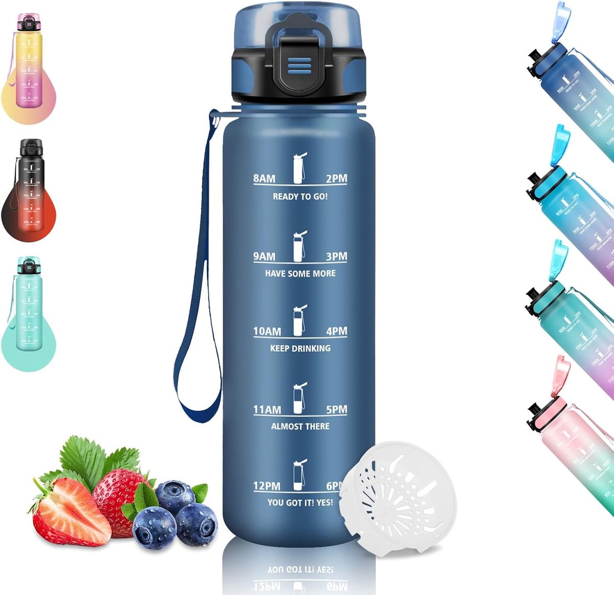 1 liter, lekvrije sportfles, gemakkelijk te reinigen, motiverende drinkfles met tijdschaal, voor yoga, fietsen, kamperen, marineblauw