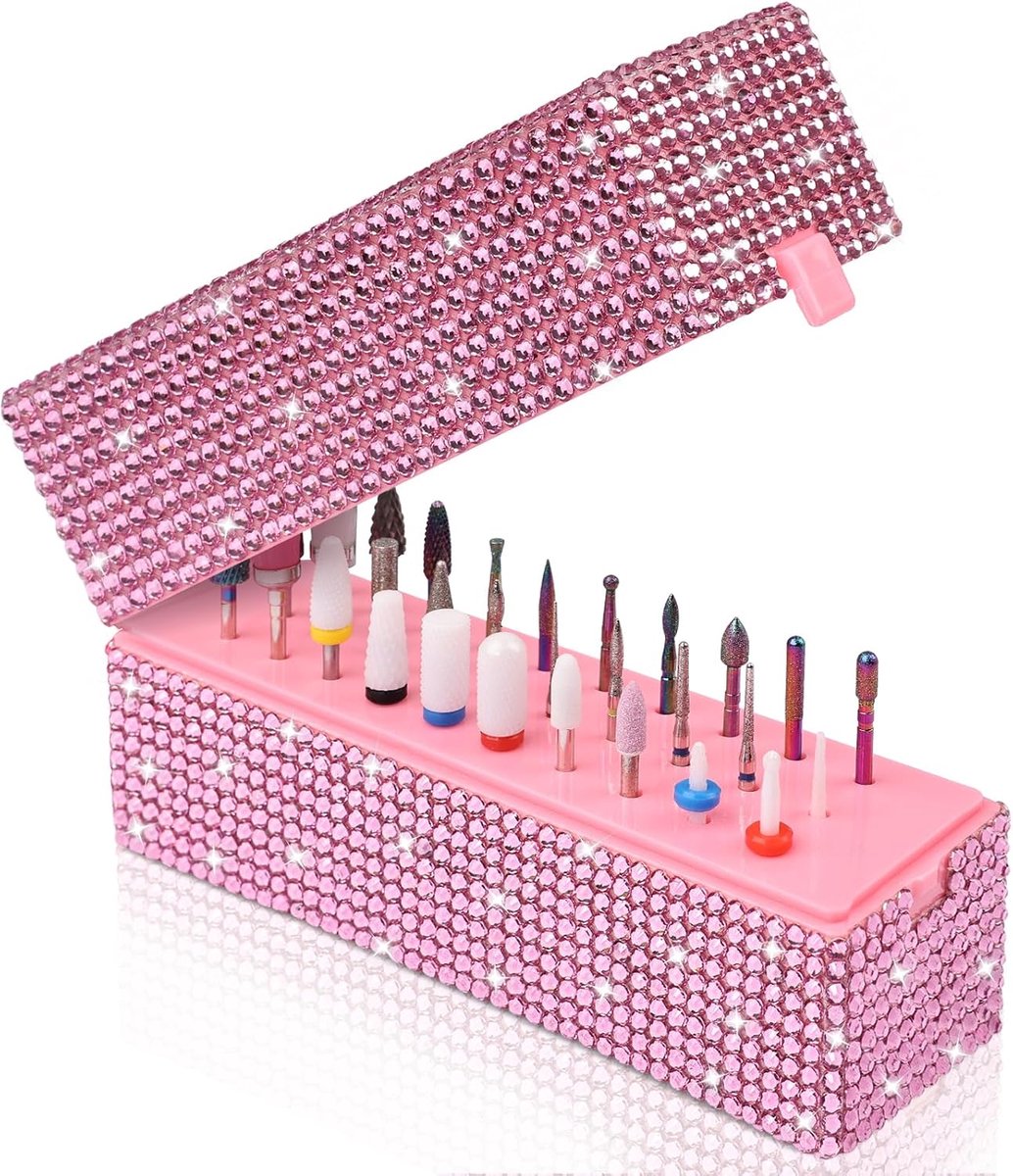 Opbergdoos voor nagelfreesjes: 30 gaten, strass steentjeshouder voor nagelfreesjes, stofvrije standaard, display-organizer voor manicuregereedschap (Let op: freesjes niet inbegrepen) (Roze)