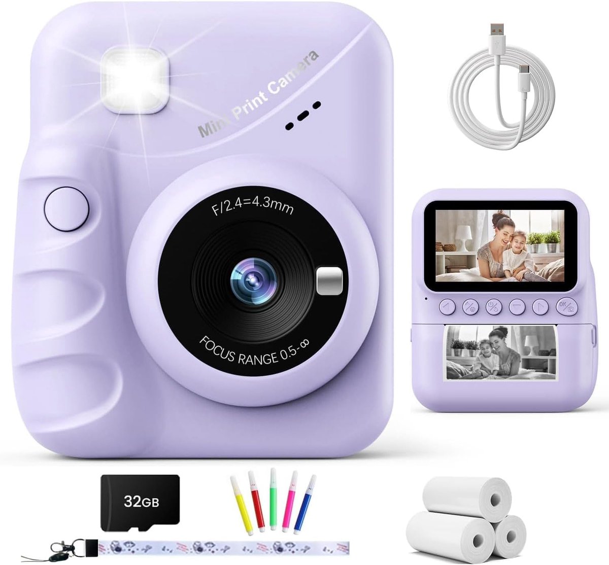 Instant camera voor kinderen, 3,0 inch groot scherm, 48 MP HD, digitale kindercamera met 32 GB kaart en printpapier, cadeaus voor jongens en meisjes van 3 tot 12 jaar