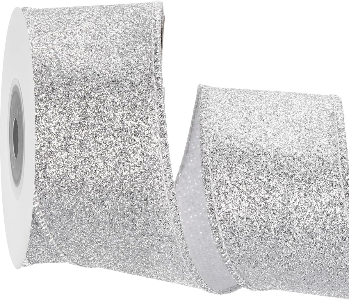 4 cm glitterlint met draadrand zilver glinsterende band 1,6 inch / 4 meter voor kerstboom krans decoratie geschenkverpakking met metalen rand