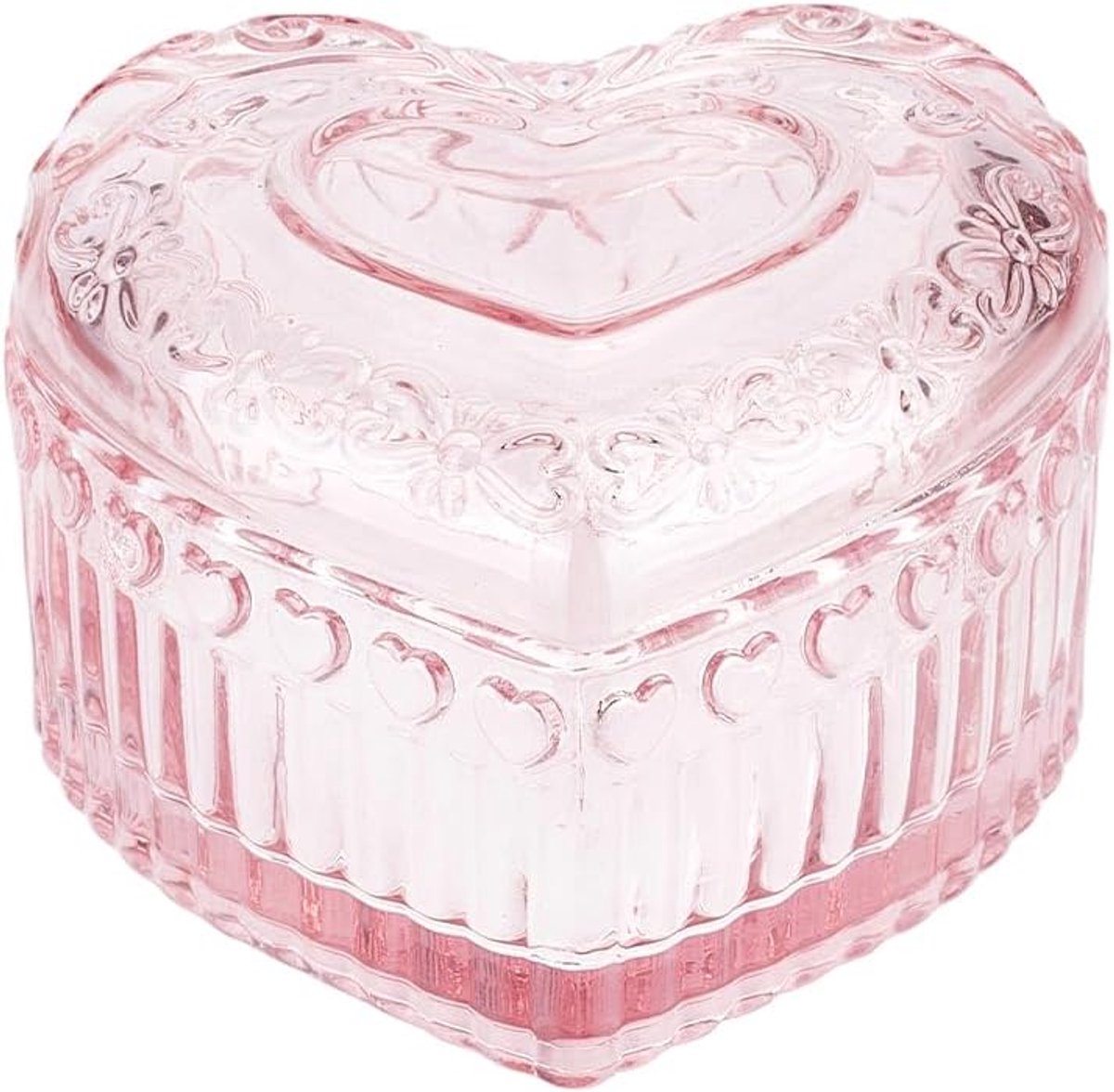 1 Stuks Vintage Glazen Sieradendoosje Romantische Roze Kristal Glas Opbergdoos Reliëf Hart Opberging voor Vrouwen Ringen Bureau Kaptafel Displaystandaard