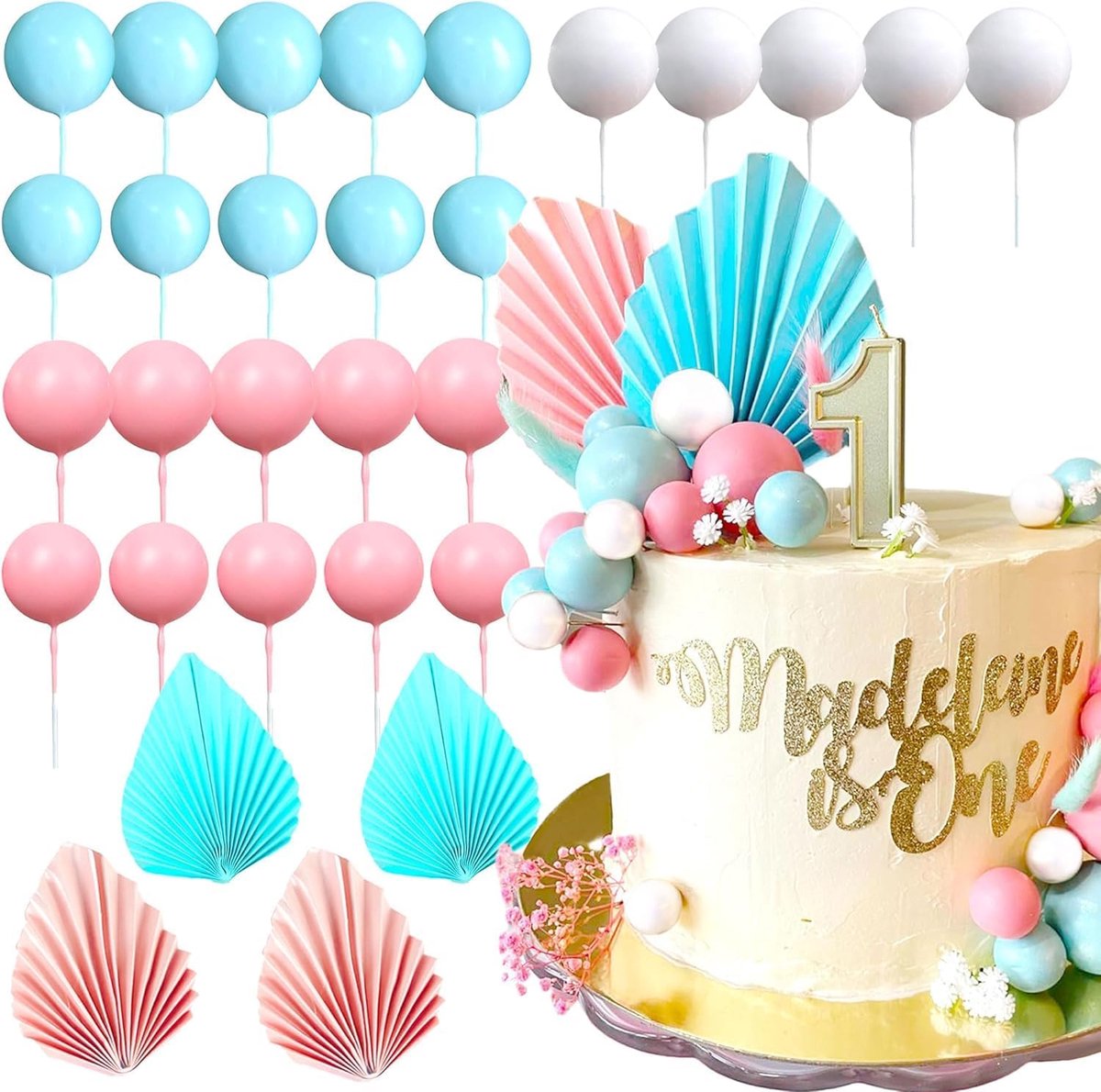 29 stuks, wit, roze, blauw, decoratie voor verjaardagstaarten, papieren waaiers en decoratieve ballen, geschikt voor verjaardag, Happy Birthday, bruiloft, feest, vakantiefeest