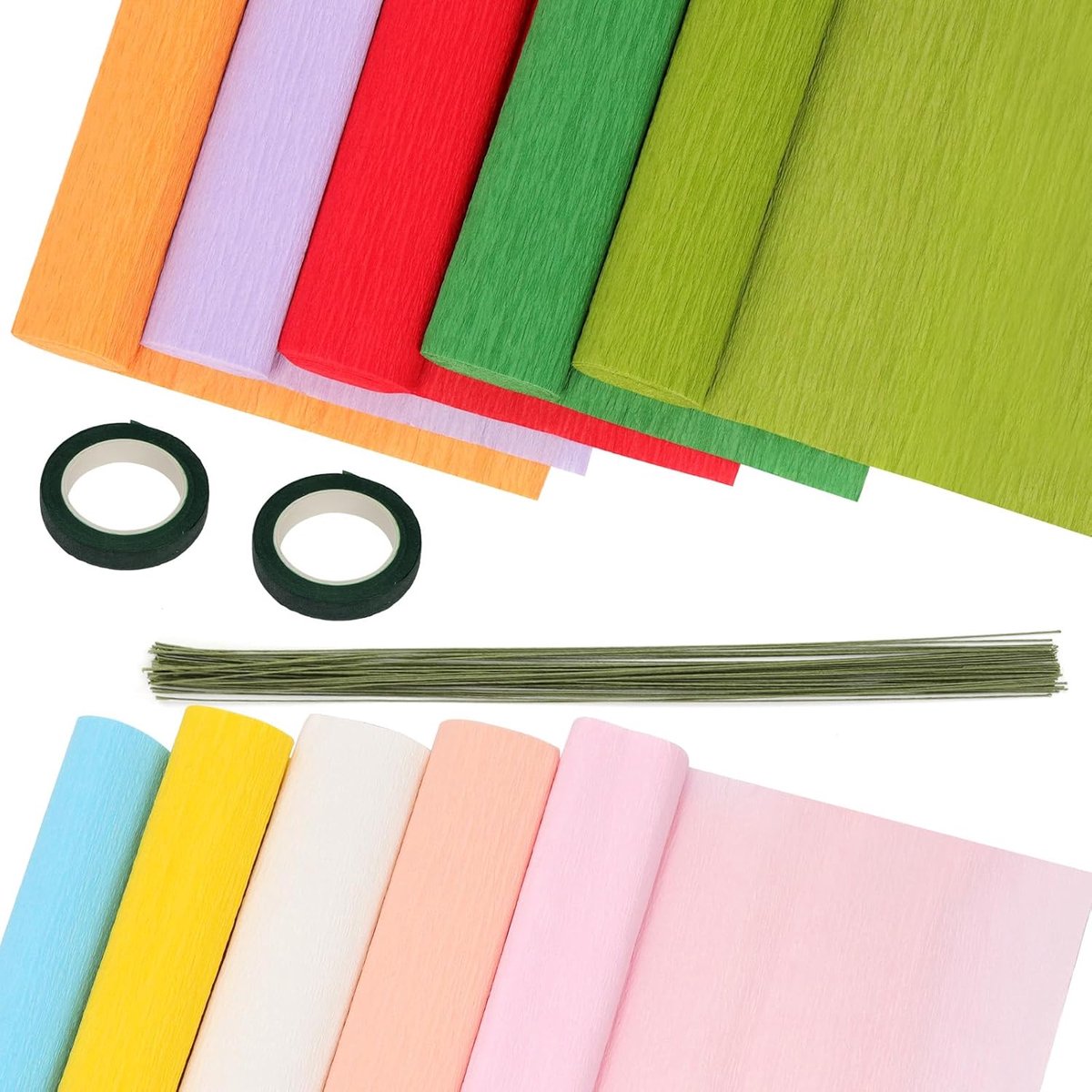 Crêpepapier rollen kit voor doe-het-zelf bloemen maken, inclusief 10 rollen 25 cm x 2,5 m crêpepapiervellen, 50 stuks 40 cm groene bloemendraad, 2 rollen tapes voor