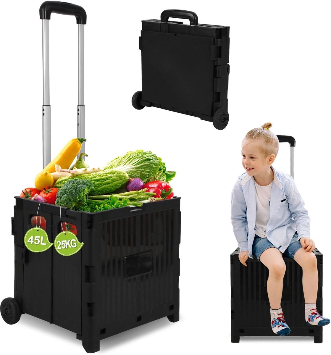 winkelwagen, 45 liter, met deksel, trolley, in hoogte verstelbare handgreep, 40 kg draagvermogen, opvouwbare transportwagen voor supermarkt, camping, verhuizing (zwart)