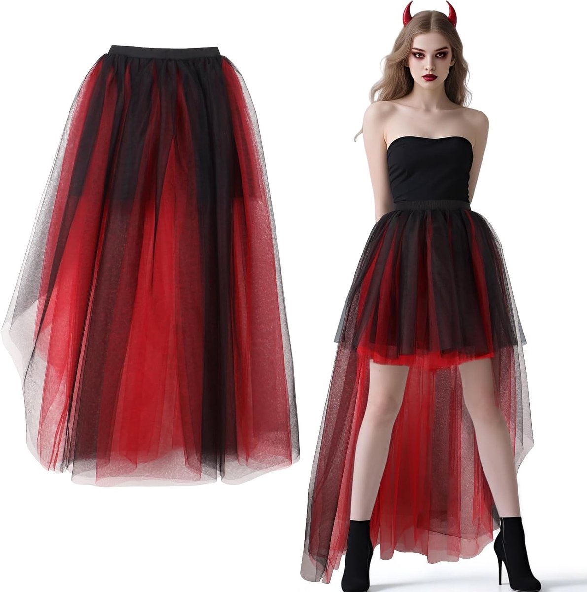 tule rok kant, tule rok asymmetrisch meerdere lagen aan de voorkant korter, achterkant langer roki tutu voor Halloween Steampunk Gothic Rockabilly