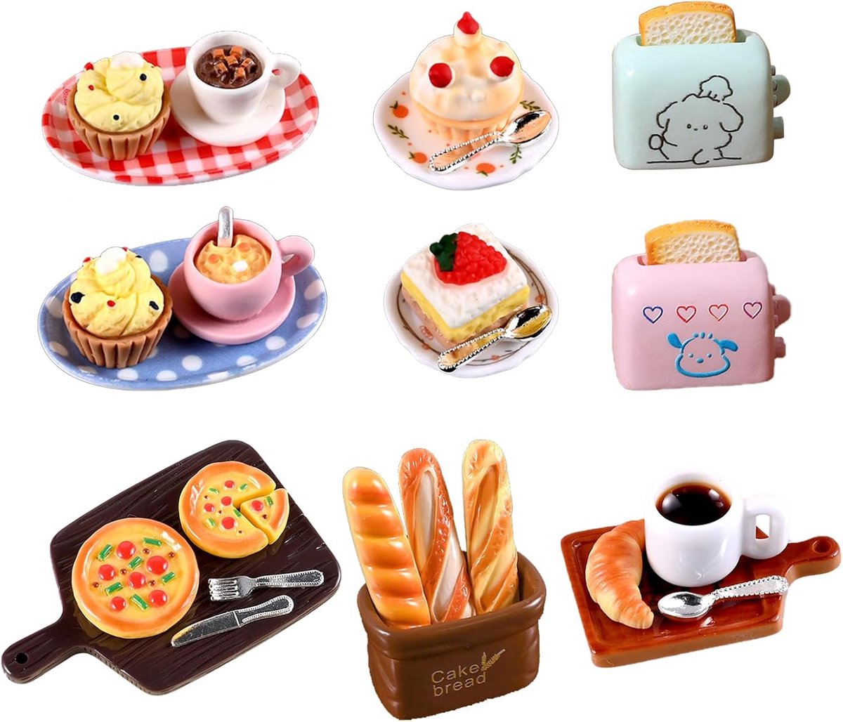 30 stuks 1/12 miniatuur levensmiddelen poppenhuis accessoires, miniatuur eten en drinken, hars poppenhuis keuken, inclusief hars cake, brood, pizza, fruit, koffie, miniatuur levensmiddelenset