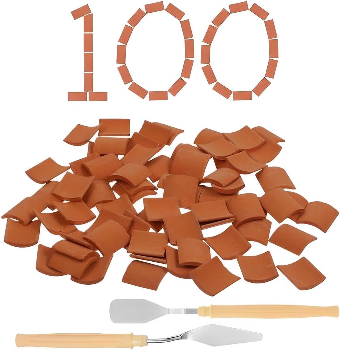100 stuks mini-dakpannen, 1:16 mini-poppenhuis accessoires met 2 mini-spatels, kabouters bouwplaatsset, modelbaksteen voor doe-het-zelf poppenhuis, feeëndecoratie, tuindecoratie