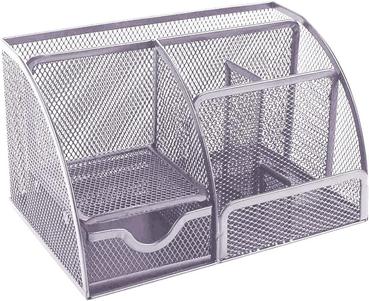 mesh metalen bureauplank met pennenhouders en lade, 6 sorteervakken voor pennen, penhouder, nietjes, zelfklevende notities, kantoororganizer (zilver)