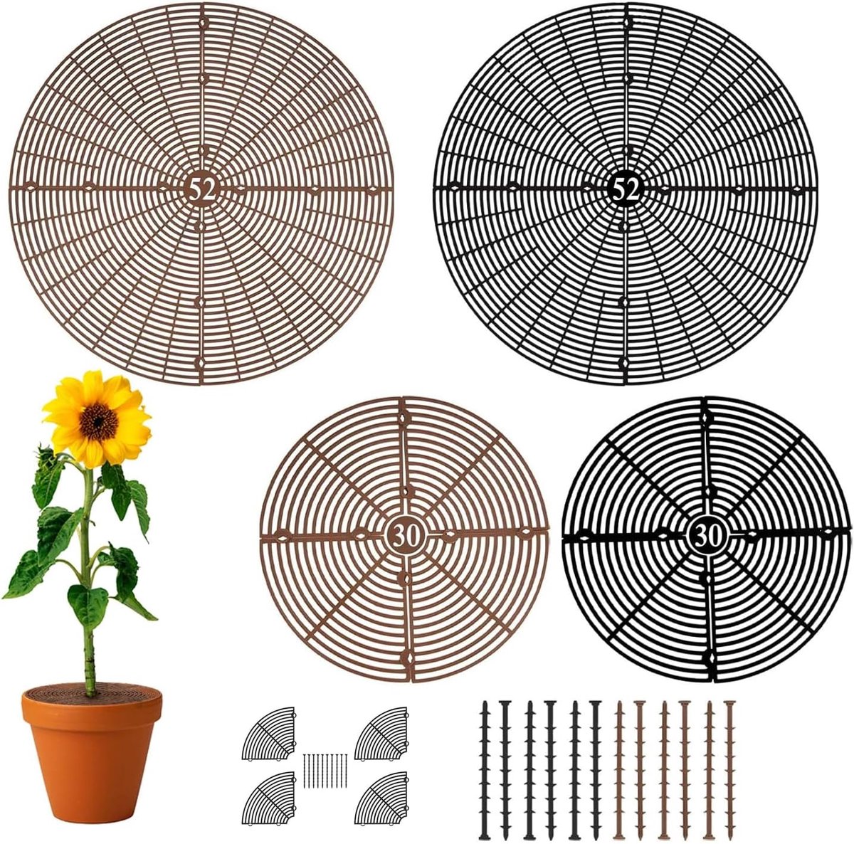 Set van 4 30 cm + 52 cm bloempotrooster, plantenbeschermingsrooster, bloempotbescherming tegen katten, beschermt de plantaarde tegen dieren en kinderen, rooster voor bloempotten