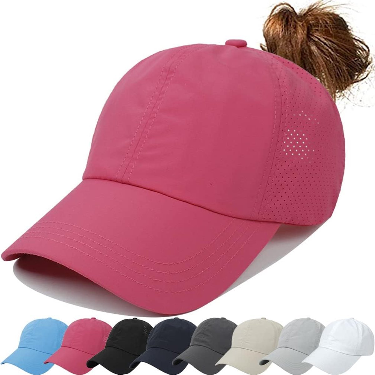 Honkbalpet voor dames, paardenstaart, pet, polyester, baseballpet, zomer, verstelbare pet, polyester, outdoor, hardlopen, drogen, baseballpet, Rood, 56