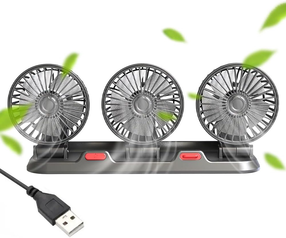 usb, USB driehoofdige autoventilator, draagbare autoventilator, met 2 snelheden, driehoofdig gebied, 360° draaibare instelbare ventilator voor huis en kantoor