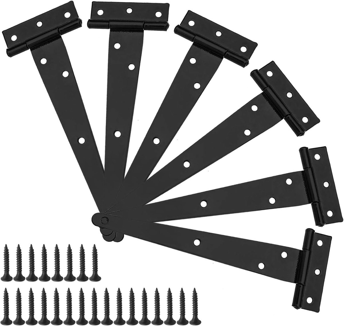 6Pcs 10 Inch T-Strap Tee Scharnier Set T-Scharnieren Heavy Duty Gate Schuur Deur Schuur Schuur Schuur Smeedijzeren Hardware Roestvrij Zwart met Schroeffittingen