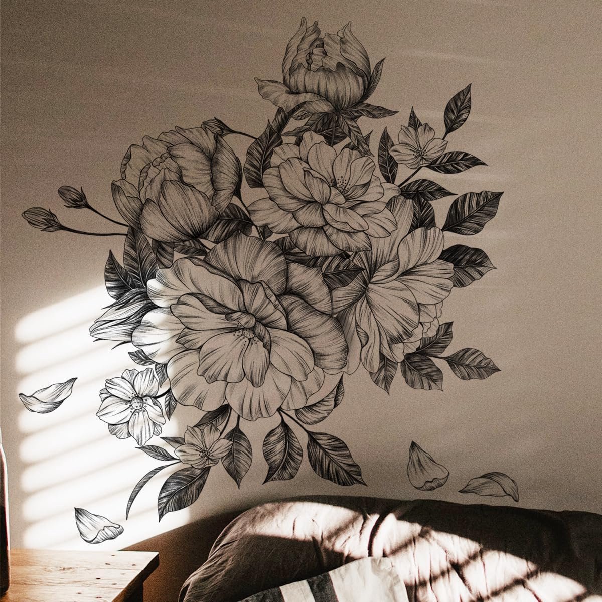 Muurstickers met bloemenpatroon, pioenroos, zwart en wit, voor woonkamer, slaapkamer, kantoor, wanddecoratie
