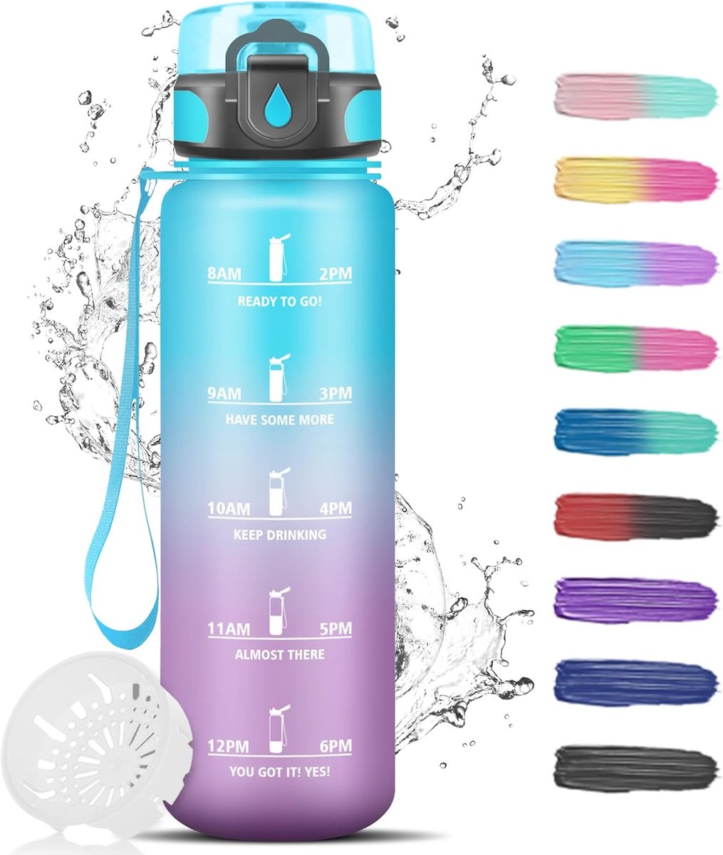 1 liter, sportfles, lekvrij, motiverende drinkfles met tijden om te drinken, sportfles, gegradueerde flessen voor fitness, school, fietsen, volwassenen, yoga, kantoor