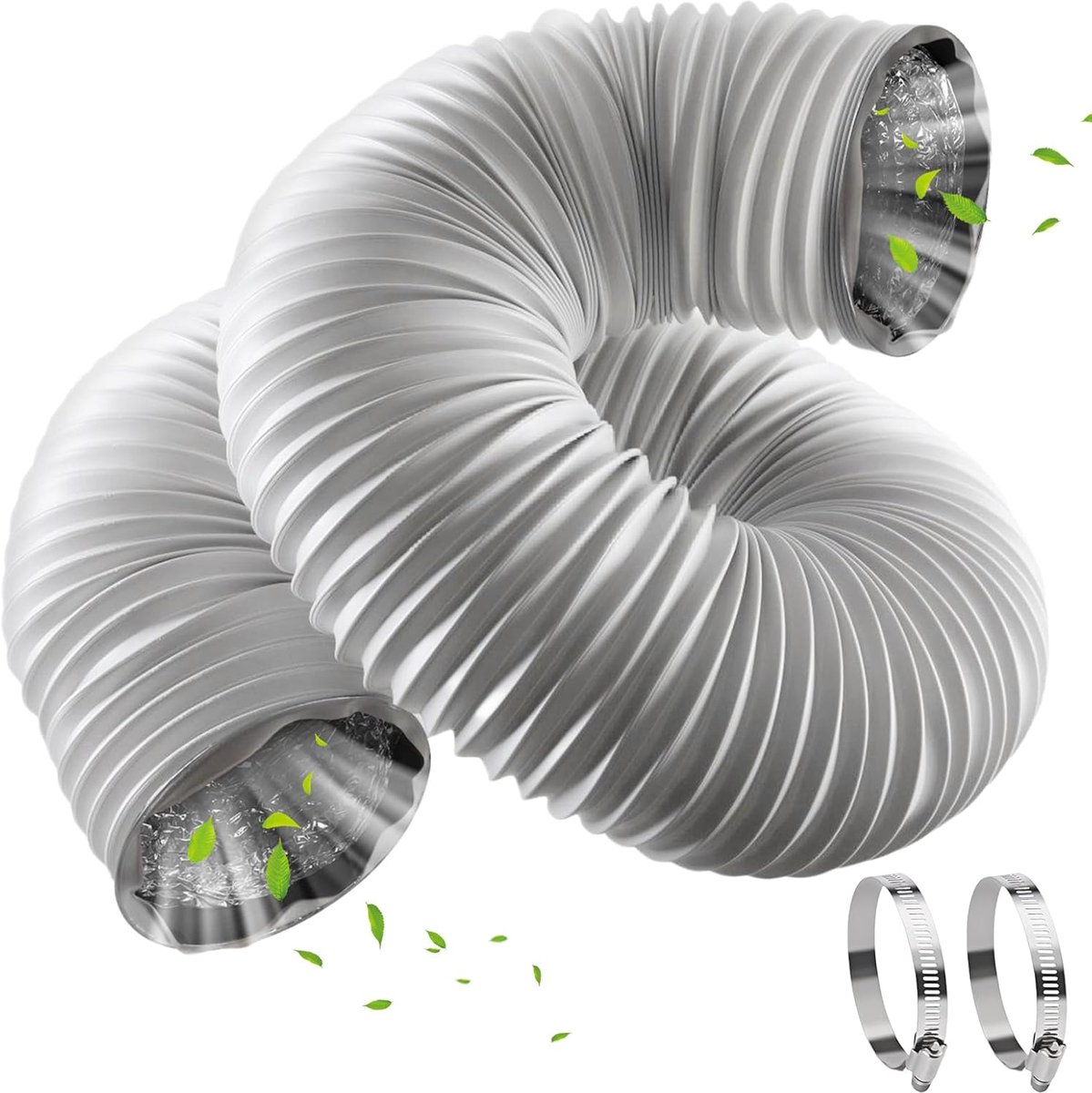 100 mm 6 m ventilatieslang, diameter flexibel PVC slang, wit aluminium Aluflexslang met 2 roestvrijstalen slangklem, afvoerpijp voor airconditioning en droger