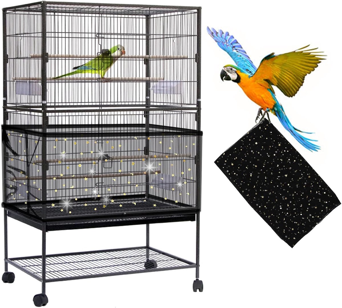 Grote vogelkooi, vogelkooi, zadenvanger, verstelbare zachte luchtige nylon netwerk, vogelkooi cover rok zaadbeschermer voor papegaai parkiet ara Afrikaanse ronde vierkante kooien (zwart, pailletten ster)