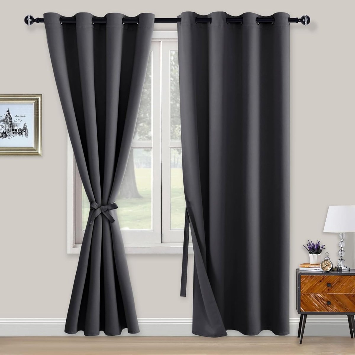 Ondoorzichtige gordijnen, verduisteringsgordijnen met inslagringen, 2 stuks, gordijnen met gordijnhouder, ondoorzichtige gordijnen voor slaapkamer, woonkamer, kantoor, 220 x 140 cm, donkergrijs
