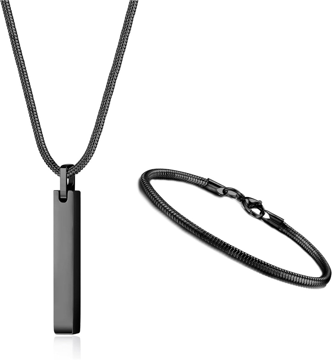 Heren Bar Hanger Ketting Roestvrij Staal Armbanden voor Mannen Vrouwen 3mm Snake Chain Ketting en Snake Chain Armband Set Lengte 55cm Zilver/Zwart
