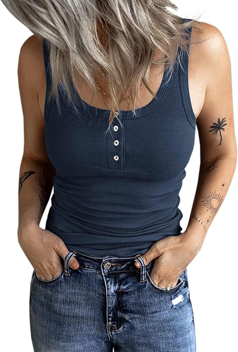 Damestop, slimfit, bovenstuk met knopen, geribbeld, mouwloos, tanktop, casual