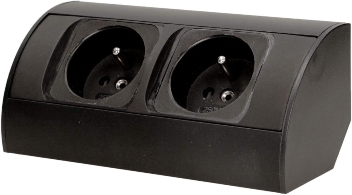 AE-1303/G Hoekcontactdoos 2 compartimenten || ideaal voor keuken, kantoor en werkblad || 45° opbouwmontage || 3680W Standaard wandcontactdoos: frans (type E) (zwart)