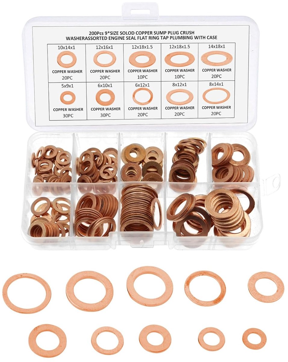 Koperen assortiment, 10 maten platte sluitringen, afdichtringen, koper met doos, zekeringringen, M5-M14