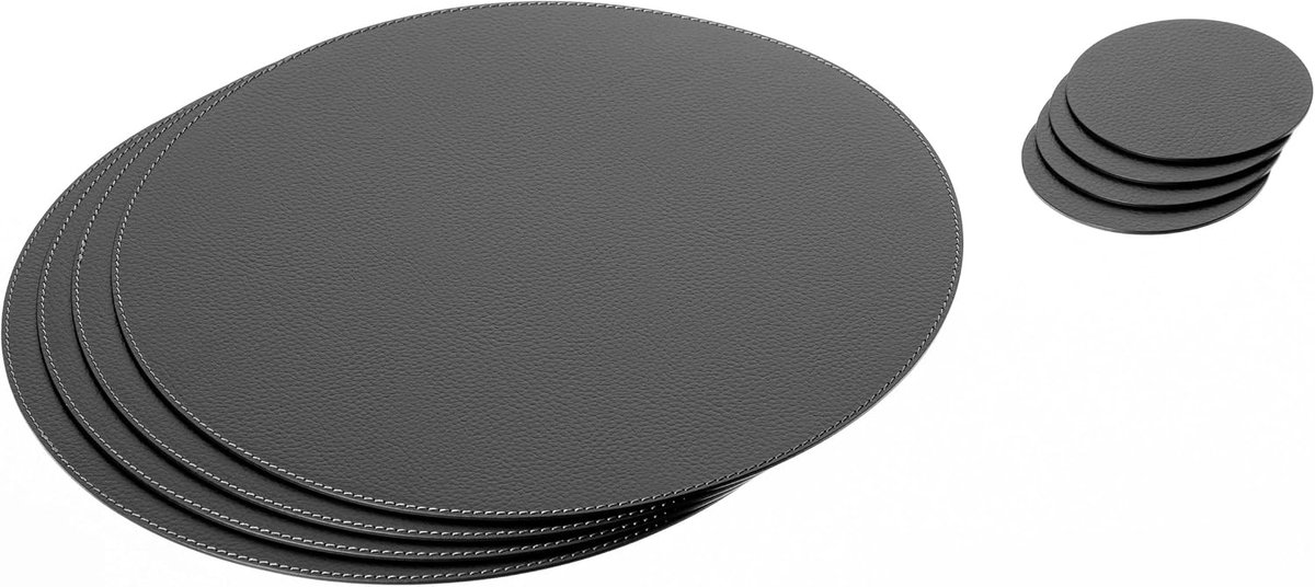 Placemats en onderzetters, 4 tafelmatten en 4 onderzetters, 33 cm diameter plaatsmat en 10 cm onderzetter, gerecycled natuurlijk leer, selectie van kleuren - Rood, Wit, Oranje, Bruin, Donker Bourgondië, Eettafel decor, Dine tafelmatten