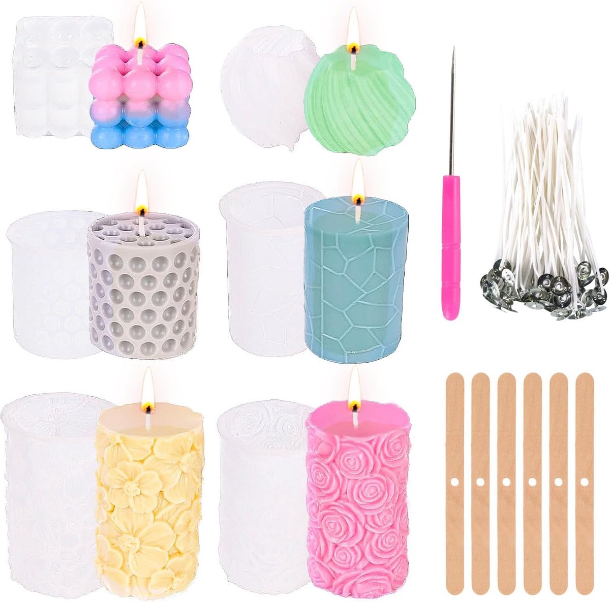 6 Stuks Kaarsvormen, DIY Kaarsvormen, Kerstboom, Bloemen, Kerst Siliconen Vorm (Geometrie: 6 Pack)
