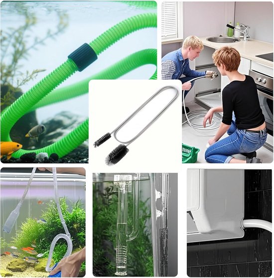 Pijpreinigingsborstelset met dubbele kop (2 m) + 2 x slangborstels (20 cm) - flexibele afvoerborstel voor buizen, afvoeren, aquarium en huishouden (zwart) — afbeelding 5