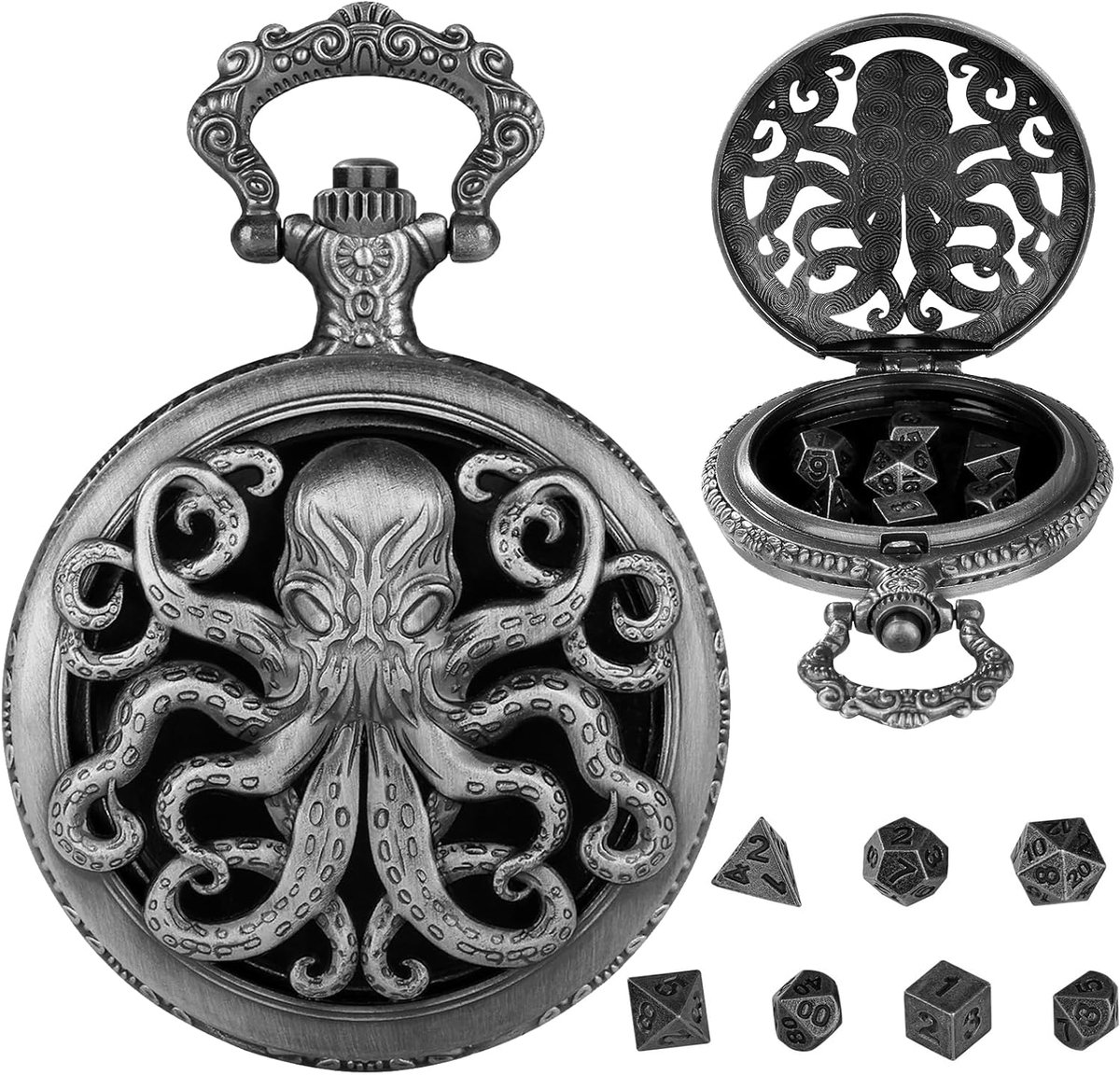 Mini kubus met zakhorlogedoos, steampunk, holle octopus | 7-delige set van polyester, D&D, accessoires voor bordspellen, zwart pistool