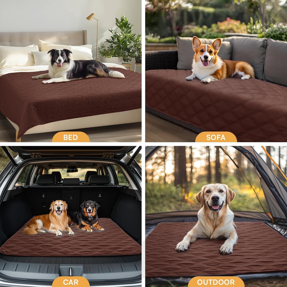 luciphia 100% waterdichte hondendeken met antislip stippen, antislip hondendeken als bescherming voor bank, bed, auto, robuuste hondenmat, machinewasbaar, voor honden onderweg, koffiebruin, 173 x 208